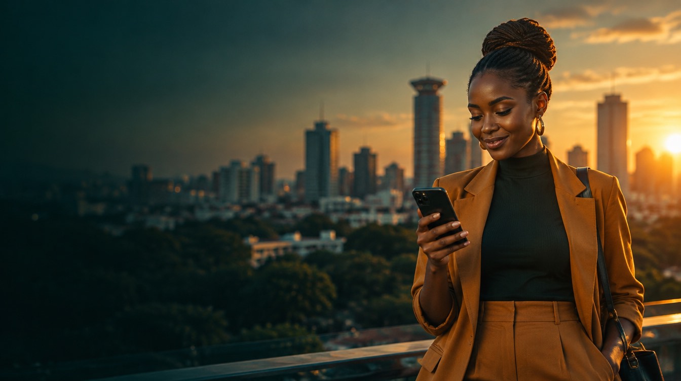 A young Nairobian looking at her phone at golden hour, the city skyline behind her