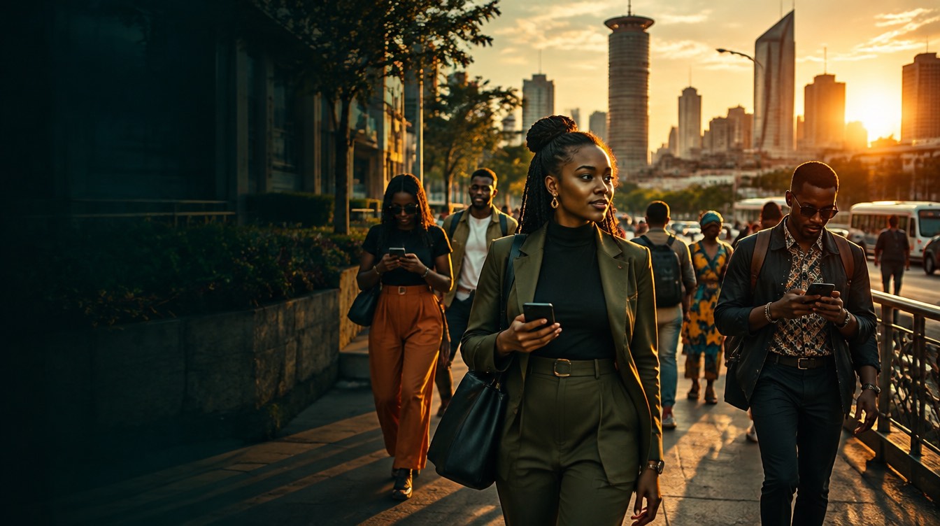 A vibrant Nairobi street at golden hour, people using their phones