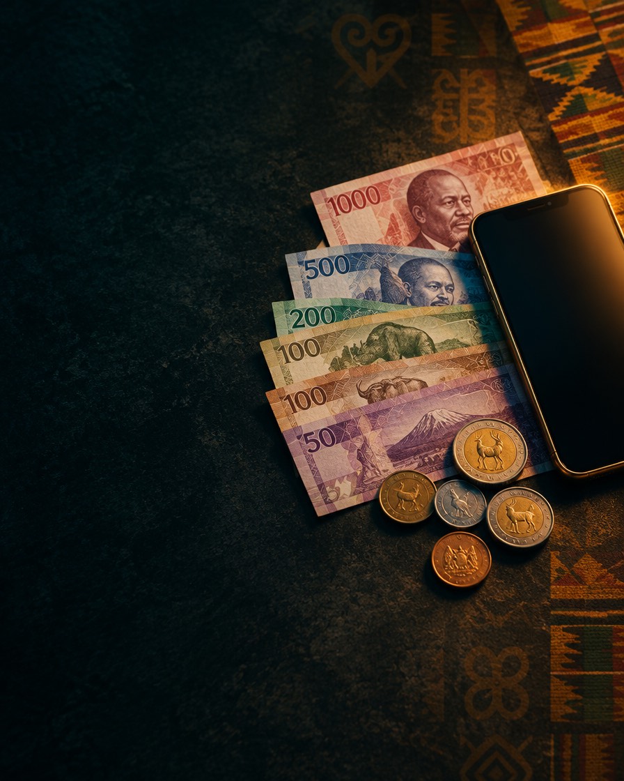 Kenyan shilling notes and coins beside a phone on a dark surface