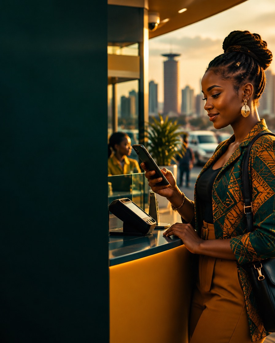 A woman topping up from mobile money at a modern counter