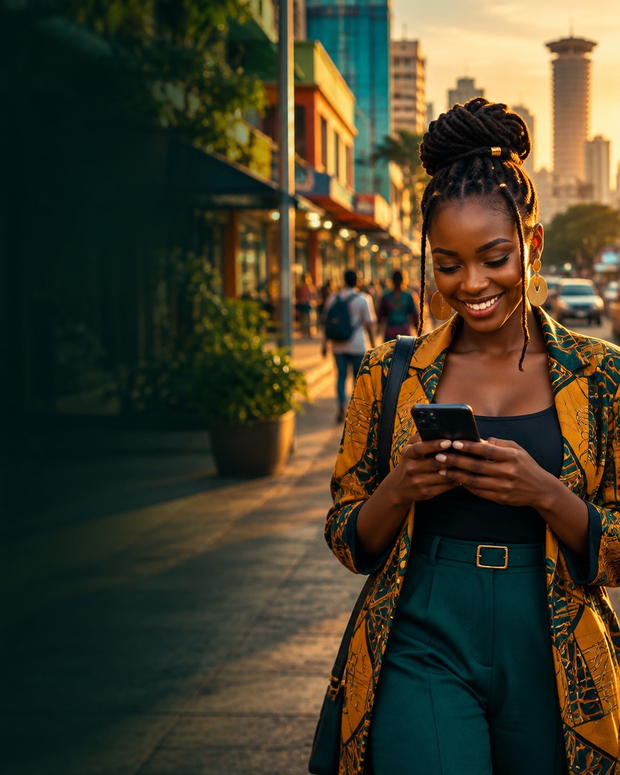 A woman smiling at her phone on a Nairobi street at golden hour